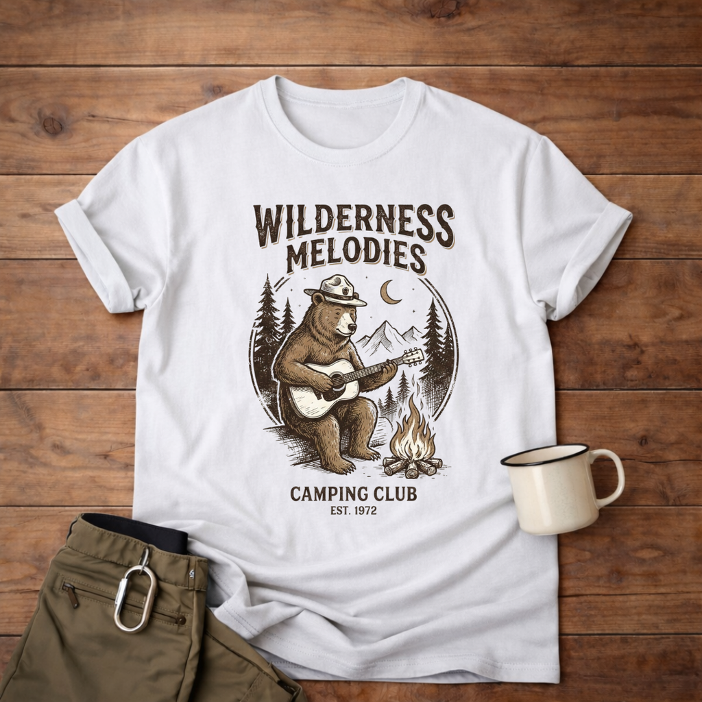 Wilderness Melodies T-Shirt — Camping Club Bear Playing Guitar Campfire Tee