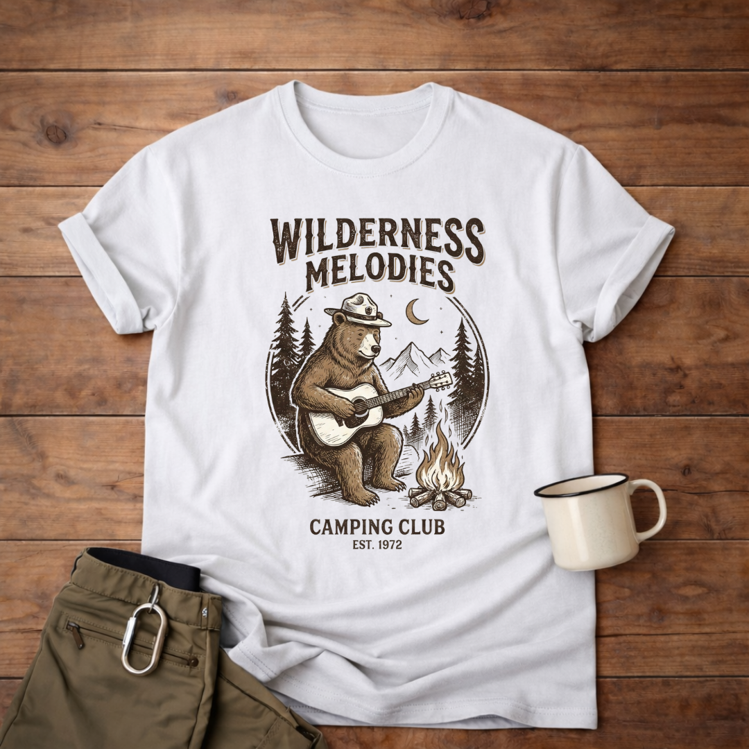 Wilderness Melodies T-Shirt — Camping Club Bear Playing Guitar Campfire Tee