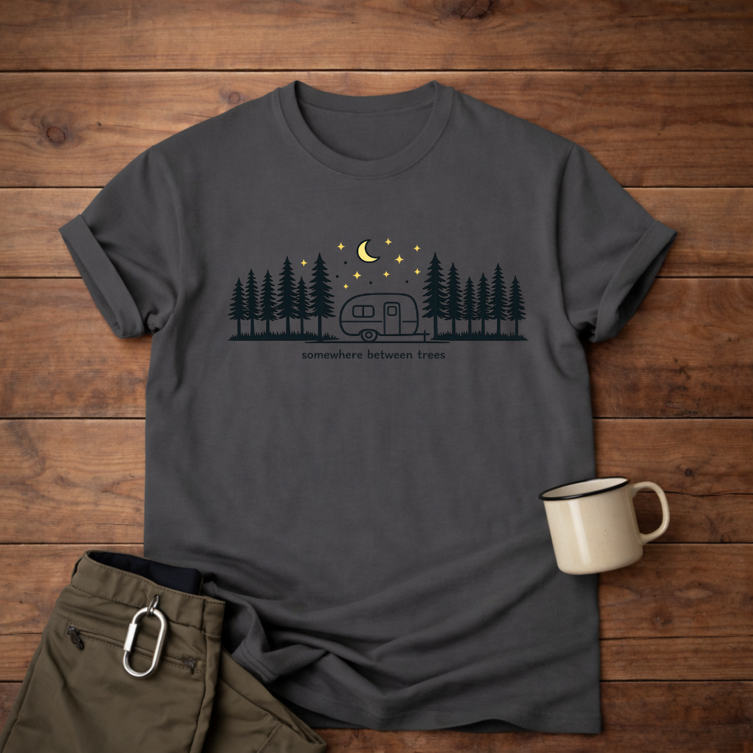 Somewhere Between Trees Camping T-Shirt