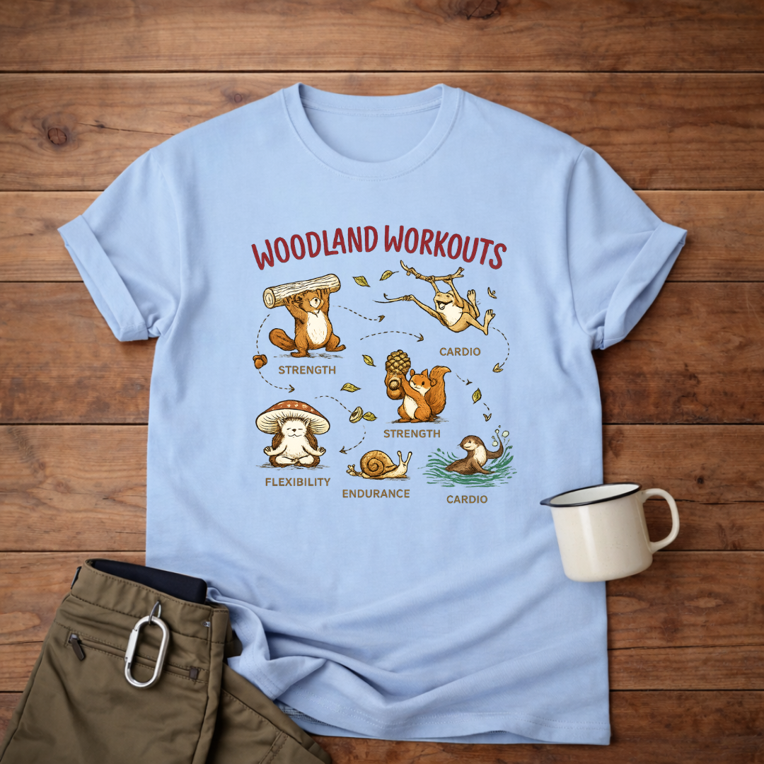 Woodland Workouts T-Shirt — Cute Forest Animal Yoga & Exercise Design