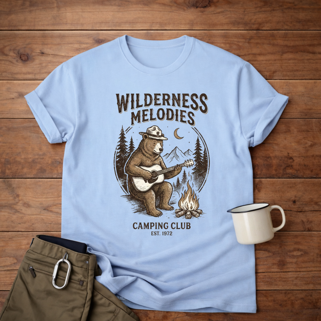 Wilderness Melodies T-Shirt — Camping Club Bear Playing Guitar Campfire Tee