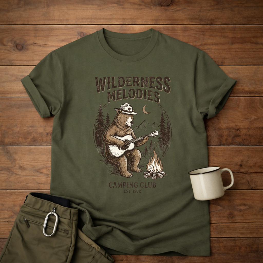 Wilderness Melodies T-Shirt — Camping Club Bear Playing Guitar Campfire Tee