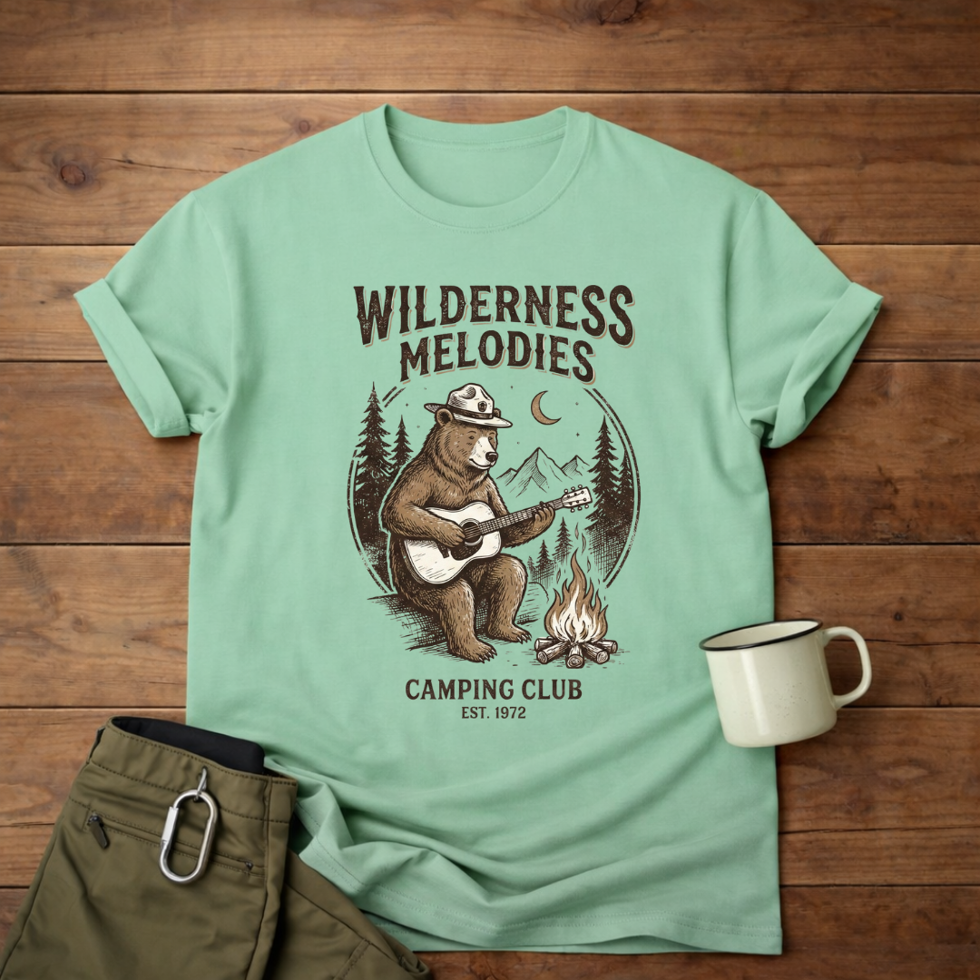 Wilderness Melodies T-Shirt — Camping Club Bear Playing Guitar Campfire Tee