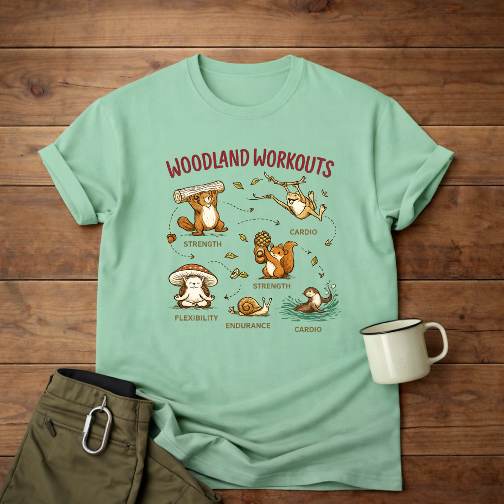 Woodland Workouts T-Shirt — Cute Forest Animal Yoga & Exercise Design