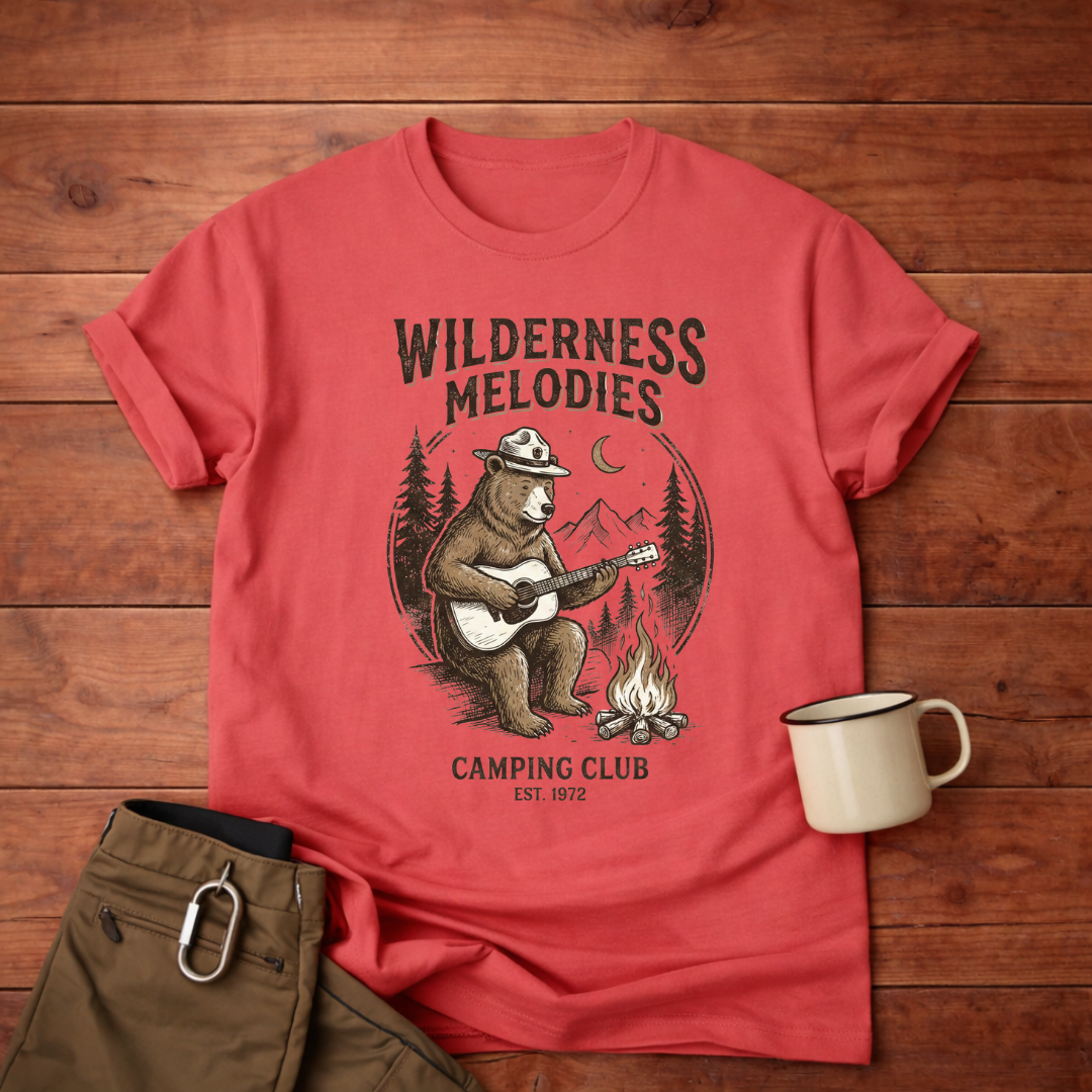Wilderness Melodies T-Shirt — Camping Club Bear Playing Guitar Campfire Tee