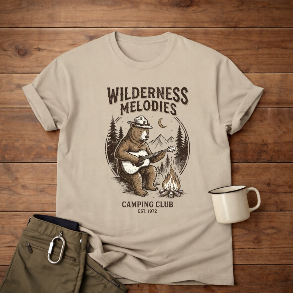 Wilderness Melodies T-Shirt — Camping Club Bear Playing Guitar Campfire Tee