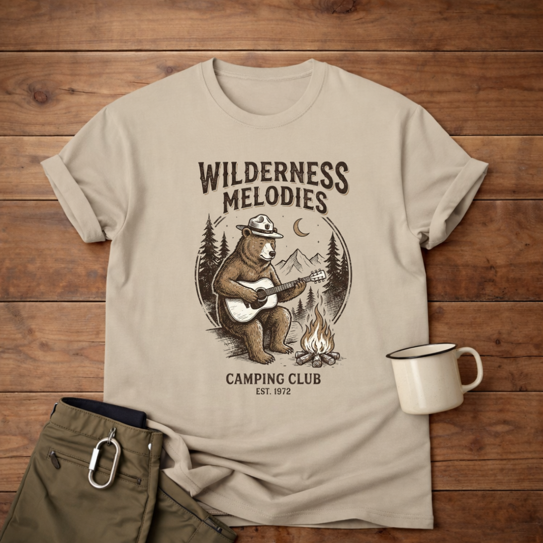 Wilderness Melodies T-Shirt — Camping Club Bear Playing Guitar Campfire Tee